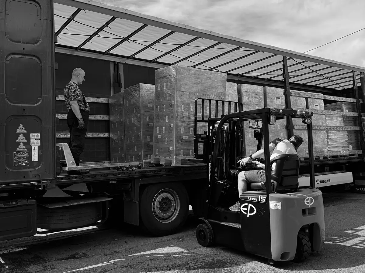 Loading pallets on a truck for Ukraine